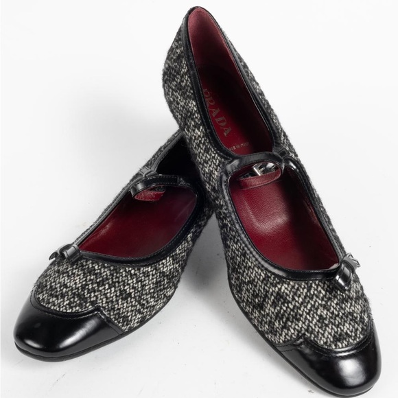 NEW - PRADA Black & White Tweed Mary Jane Kitten Heel Size EU 39.5 (US 9/9.5) - Picture 6 of 11